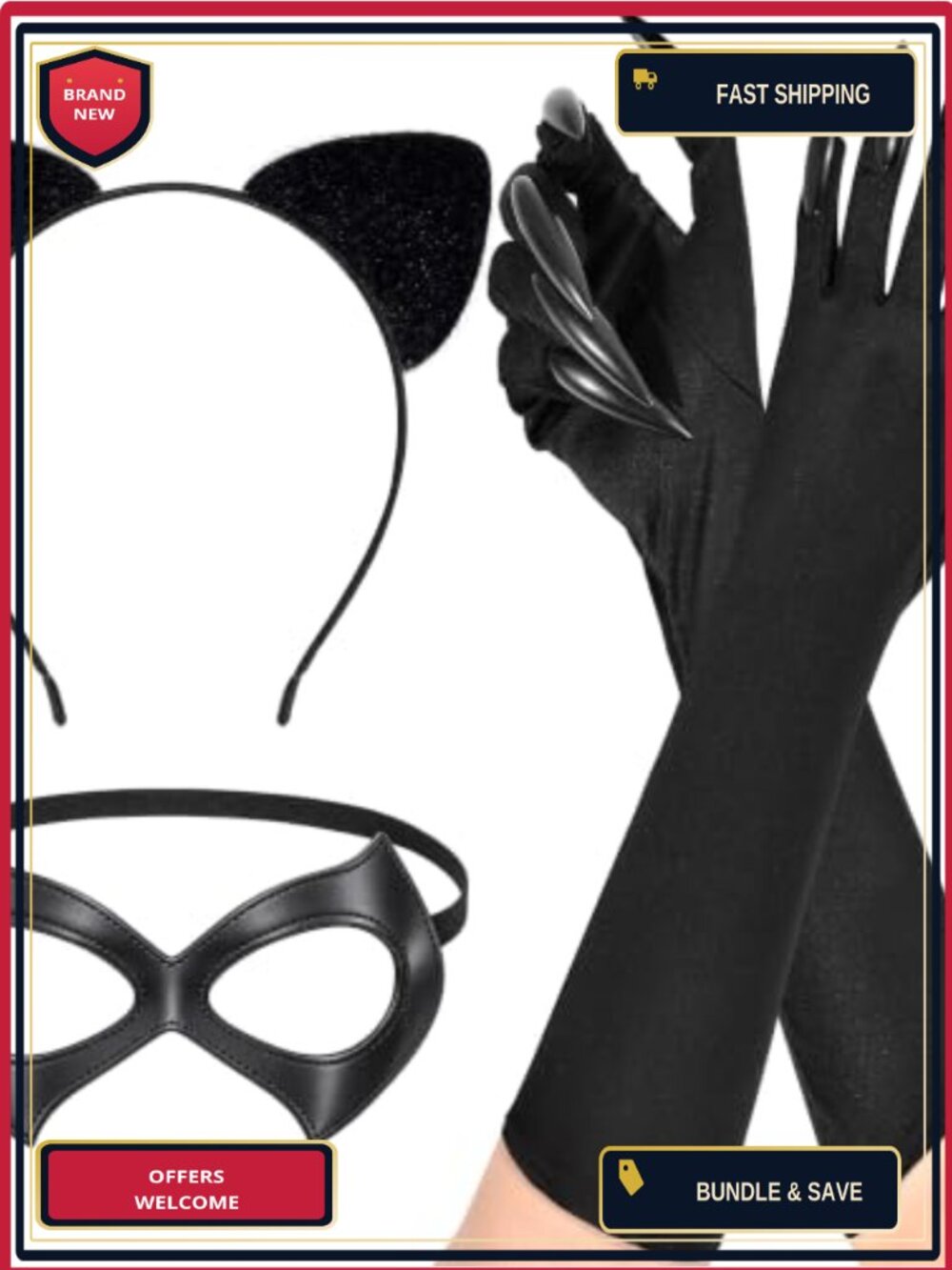 Cat Costume Set with Mask Ears Gloves Halloween Dress Up Outfit